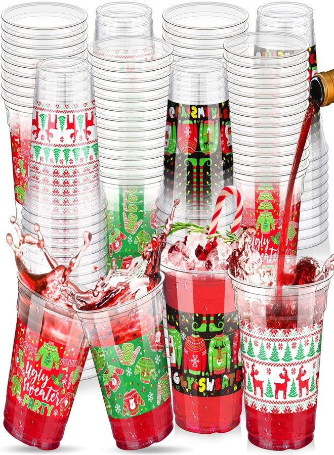 Kochorie 120 Pieces Christmas Sweater Plastic Cups 16 Oz Christmas Disposable Plastic Cups Xmas Tree Santa Reindeer Snow Drinking Cups for Christmas Party Supplies, Merry Christmas Party Decorations - Image 1